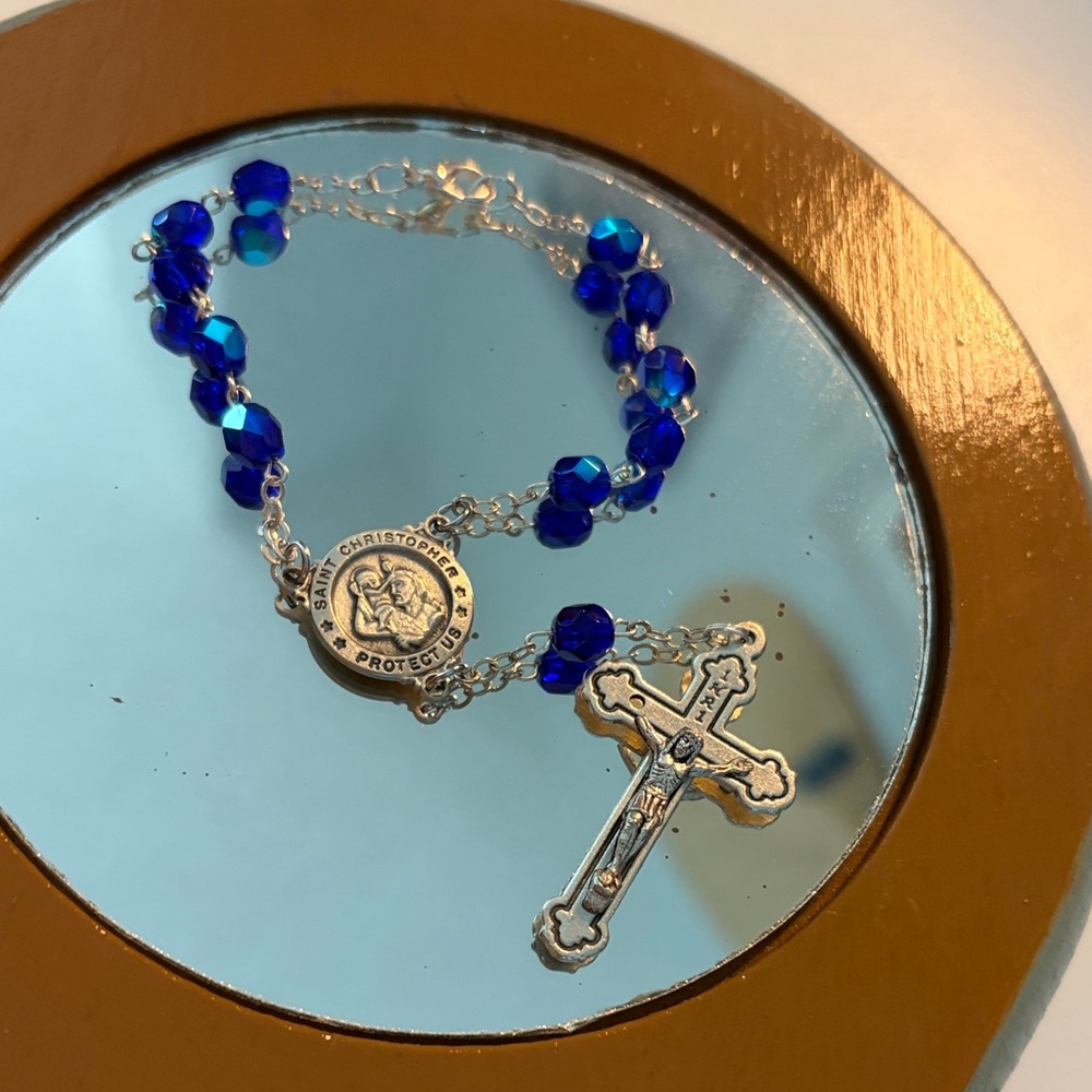 ITALY Blue Crystal St. Christopher Rosary Bracelet w/Silver Cross 6 1/4  15.9cm